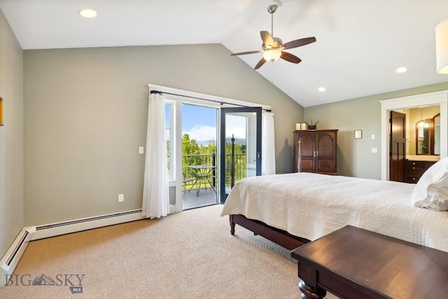 33 Oasis Trl, Bozeman, MT 59718 - bedroom featuring access to outside, vaulted ceiling, recessed lighting, carpet, and a baseboard radiator