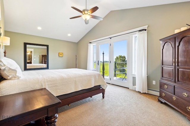 33 Oasis Trl, Bozeman, MT 59718 - bedroom featuring a baseboard heating unit, access to exterior, vaulted ceiling, light colored carpet, and recessed lighting