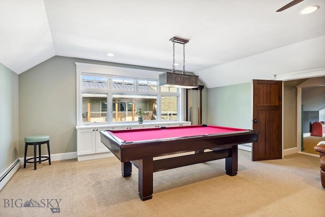 33 Oasis Trl, Bozeman, MT 59718 - playroom featuring lofted ceiling, light colored carpet, pool table, a ceiling fan, and recessed lighting
