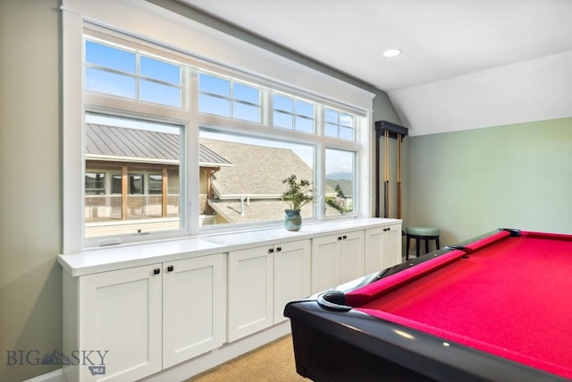 33 Oasis Trl, Bozeman, MT 59718 - recreation room with lofted ceiling, pool table, and recessed lighting