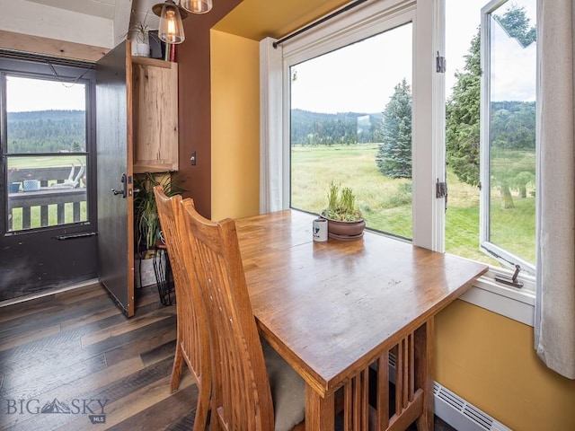 20 Yellowstone Spur Rd Unit 20A, Big Sky, MT 59716 - dining area featuring dark wood-style flooring, a baseboard heating unit, and healthy amount of natural light