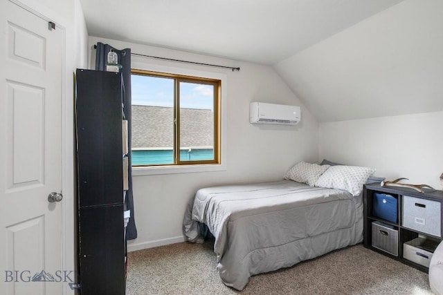 740 Linda Ln, Three Forks, MT 59752 - carpeted bedroom featuring a wall mounted air conditioner and lofted ceiling