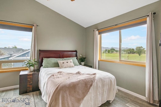 740 Linda Ln, Three Forks, MT 59752 - bedroom featuring lofted ceiling, wood finished floors, and a mountain view