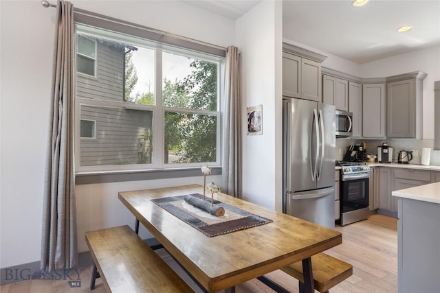26 Locomotive Loop, Bozeman, MT 59718 - kitchen with appliances with stainless steel finishes, gray cabinetry, light countertops, recessed lighting, and light wood-style floors