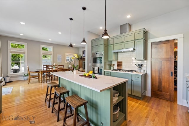 425 S Yellowstone St, Livingston, MT 59047 - kitchen featuring green cabinets, stainless steel appliances, open shelves, decorative backsplash, and light wood finished floors