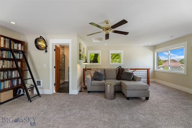 425 S Yellowstone St, Livingston, MT 59047 - living room featuring carpet, ceiling fan, and recessed lighting