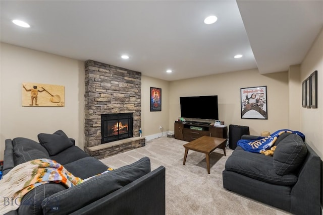 425 S Yellowstone St, Livingston, MT 59047 - carpeted living room featuring recessed lighting and a stone fireplace