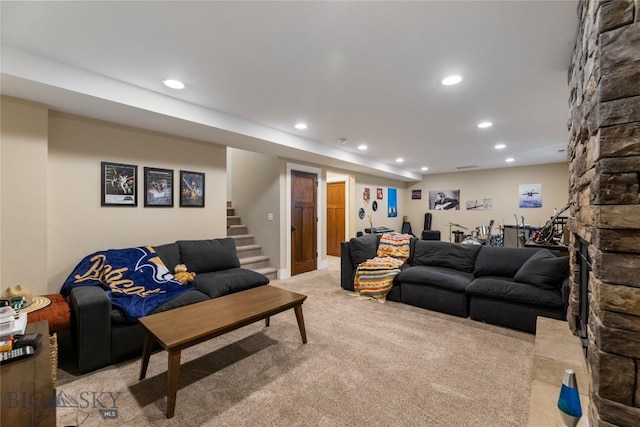 425 S Yellowstone St, Livingston, MT 59047 - living room with recessed lighting, light colored carpet, and stairway