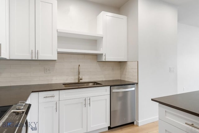2221F Willow Unit 104, Livingston, MT 59047 - kitchen with dishwasher, dark countertops, electric range, open shelves, and decorative backsplash