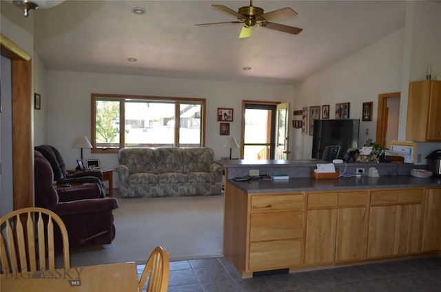 5 Ginger Quill Ct, Mcallister, MT 59740 - kitchen with a peninsula, light brown cabinets, ceiling fan, open floor plan, and vaulted ceiling