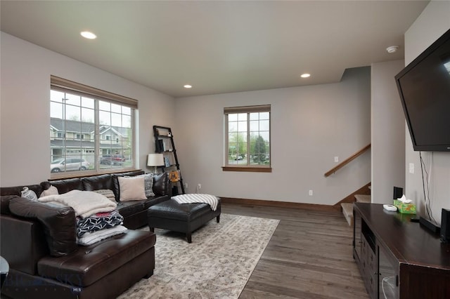 2740 Cobblestone Unit A, Bozeman, MT 59718 - living area with plenty of natural light, stairs, wood finished floors, and recessed lighting