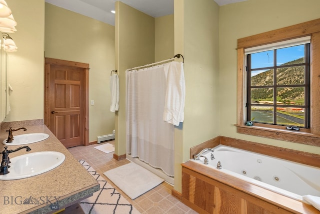 250 Silver Run Rd, Gallatin Gateway, MT 59730 - full bath featuring a baseboard radiator, a shower stall, a tub with jets, and double vanity