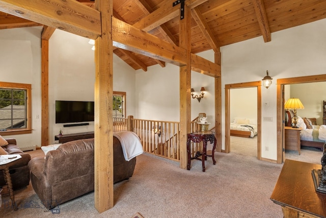 250 Silver Run Rd, Gallatin Gateway, MT 59730 - living room with a wooden ceiling with exposed beams, carpet flooring, high vaulted ceiling, and a baseboard heating unit