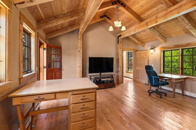 250 Silver Run Rd, Gallatin Gateway, MT 59730 - home office with wooden ceiling, hardwood / wood-style floors, and a chandelier