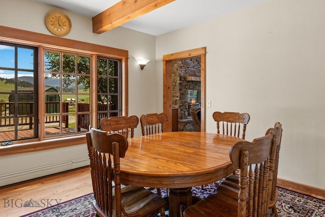 250 Silver Run Rd, Gallatin Gateway, MT 59730 - dining area featuring light wood-style floors, beam ceiling, and baseboard heating