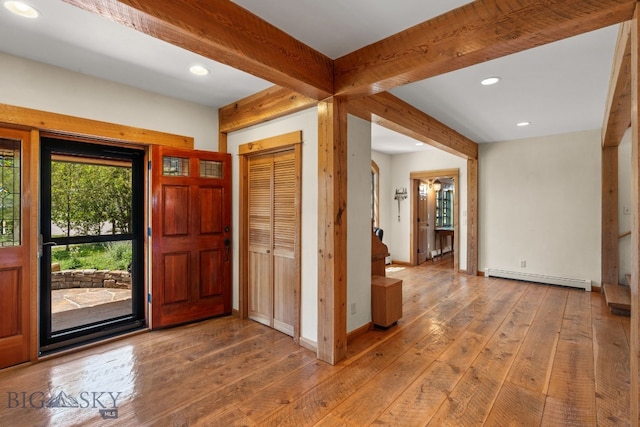 250 Silver Run Rd, Gallatin Gateway, MT 59730 - entryway with a baseboard heating unit, wood-type flooring, recessed lighting, and beamed ceiling
