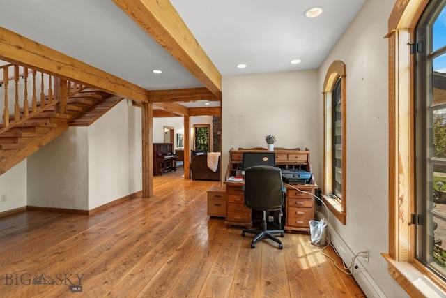 250 Silver Run Rd, Gallatin Gateway, MT 59730 - office featuring light wood finished floors, beamed ceiling, and recessed lighting