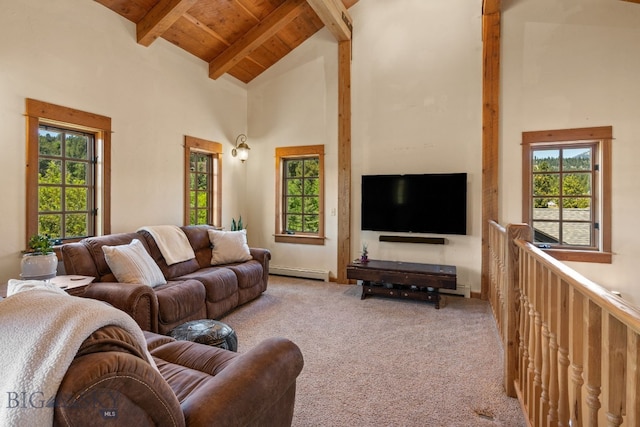 250 Silver Run Rd, Gallatin Gateway, MT 59730 - carpeted living room with a baseboard heating unit, high vaulted ceiling, and a wood ceiling with exposed beams