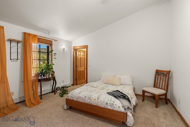 250 Silver Run Rd, Gallatin Gateway, MT 59730 - bedroom with lofted ceiling, carpet flooring, and a baseboard radiator