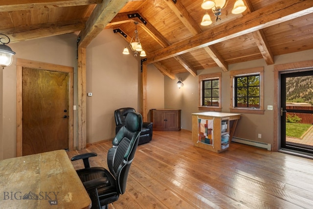 250 Silver Run Rd, Gallatin Gateway, MT 59730 - home office with wooden ceiling, a baseboard heating unit, light wood-style floors, and a chandelier