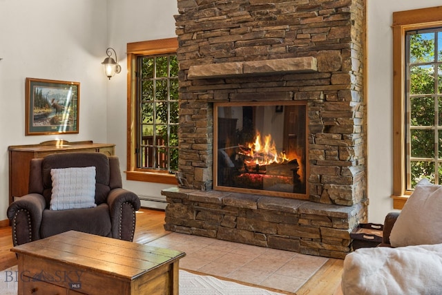 250 Silver Run Rd, Gallatin Gateway, MT 59730 - living room with hardwood / wood-style flooring, a baseboard heating unit, and a stone fireplace