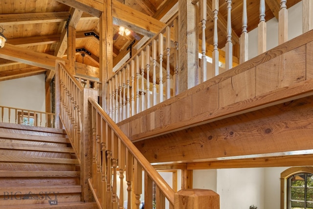 250 Silver Run Rd, Gallatin Gateway, MT 59730 - staircase with high vaulted ceiling and a wood ceiling with exposed beams