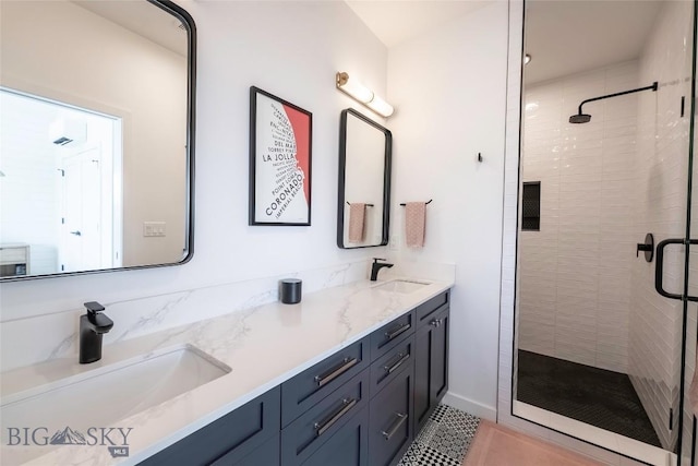 3083 S 27th Ave, Bozeman, MT 59718 - full bathroom with a shower stall, double vanity, and tile patterned floors