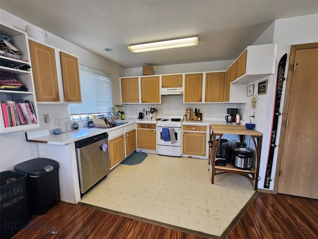 1769 W Kagy Blvd, Bozeman, MT 59715 - kitchen featuring electric stove, stainless steel dishwasher, under cabinet range hood, light countertops, and light wood-type flooring