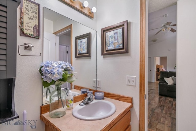 217 Lillian Way, Bozeman, MT 59718 - bathroom featuring vanity, wood finished floors, and a ceiling fan