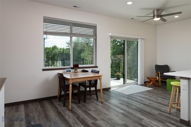 223 New Ventures Dr, Bozeman, MT 59718 - dining area featuring dark wood-type flooring, a ceiling fan, and recessed lighting