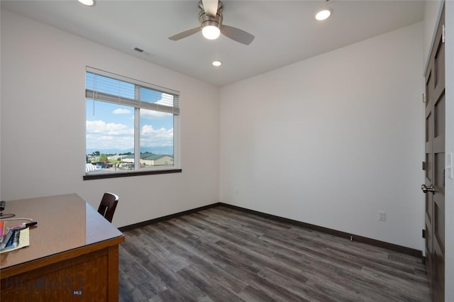 223 New Ventures Dr, Bozeman, MT 59718 - unfurnished office with dark wood-style flooring, a ceiling fan, and recessed lighting