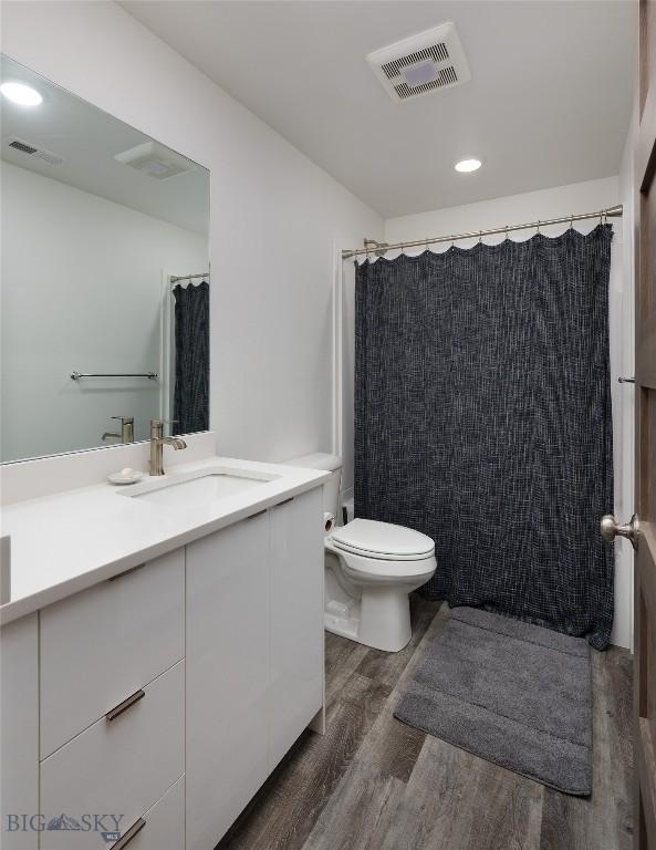 223 New Ventures Dr, Bozeman, MT 59718 - full bathroom with vanity, wood finished floors, and recessed lighting