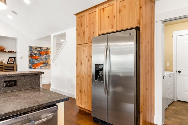 38 Red Rock, Bozeman, MT 59718 - kitchen with appliances with stainless steel finishes, washing machine and clothes dryer, dark wood-style flooring, light brown cabinets, and recessed lighting