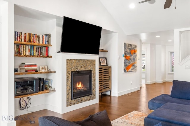 38 Red Rock, Bozeman, MT 59718 - living room with wood finished floors, ceiling fan, recessed lighting, vaulted ceiling, and a tile fireplace