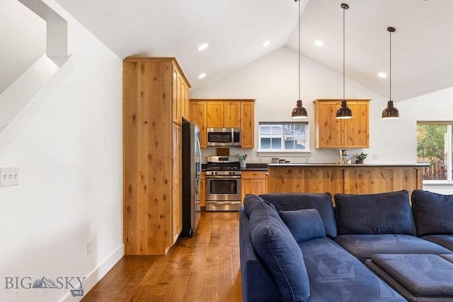 38 Red Rock, Bozeman, MT 59718 - kitchen with appliances with stainless steel finishes, open floor plan, wood finished floors, high vaulted ceiling, and dark countertops