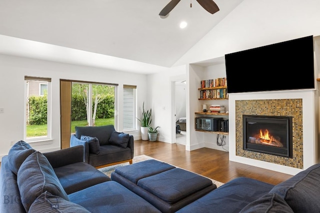 38 Red Rock, Bozeman, MT 59718 - living area with dark wood-style flooring, ceiling fan, recessed lighting, high vaulted ceiling, and a fireplace