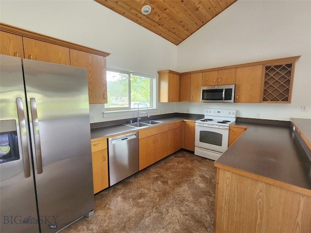 70 Candlelight Meadow Dr, Big Sky, MT 59716 - kitchen featuring stainless steel appliances, dark countertops, high vaulted ceiling, and wooden ceiling