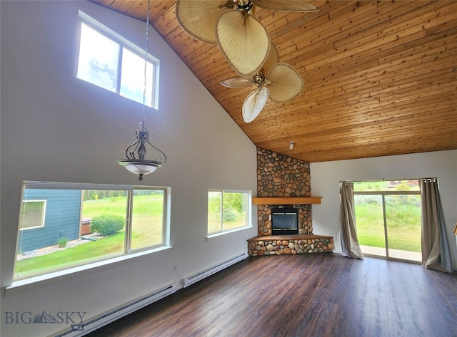 70 Candlelight Meadow Dr, Big Sky, MT 59716 - unfurnished living room featuring high vaulted ceiling, a ceiling fan, wood ceiling, baseboard heating, and wood finished floors