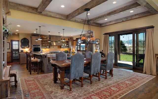 1400 Cottontail Rd, Gallatin Gateway, MT 59730 - dining area with beamed ceiling, wood finished floors, and recessed lighting