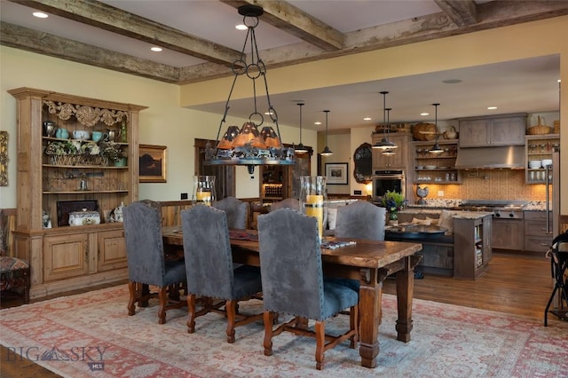 1400 Cottontail Rd, Gallatin Gateway, MT 59730 - dining area featuring wood finished floors, beam ceiling, recessed lighting, and a chandelier