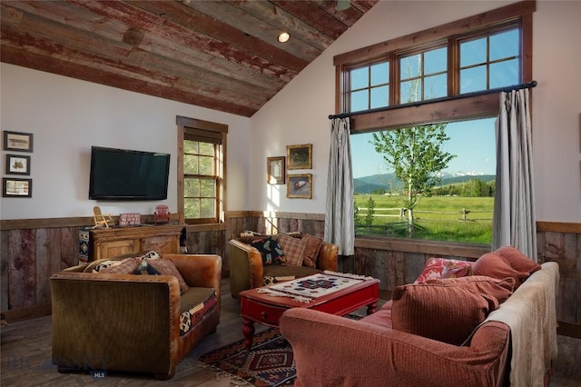 1400 Cottontail Rd, Gallatin Gateway, MT 59730 - living room with a wainscoted wall, high vaulted ceiling, wooden walls, wood finished floors, and wood ceiling