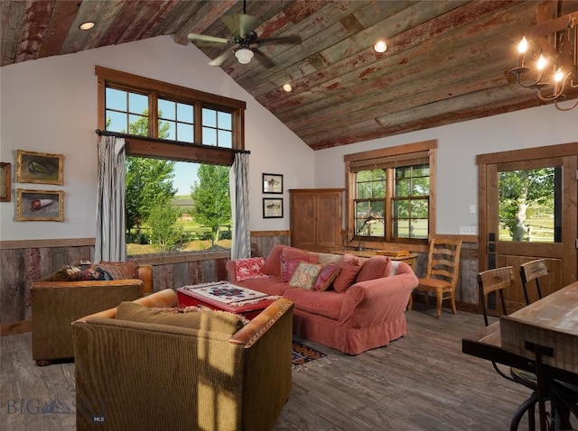 1400 Cottontail Rd, Gallatin Gateway, MT 59730 - living area featuring wainscoting, ceiling fan, wood finished floors, high vaulted ceiling, and a wooden ceiling with exposed beams