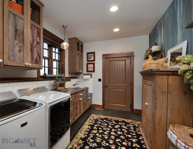 1400 Cottontail Rd, Gallatin Gateway, MT 59730 - laundry area with cabinet space, washing machine and dryer, recessed lighting, and dark tile patterned flooring