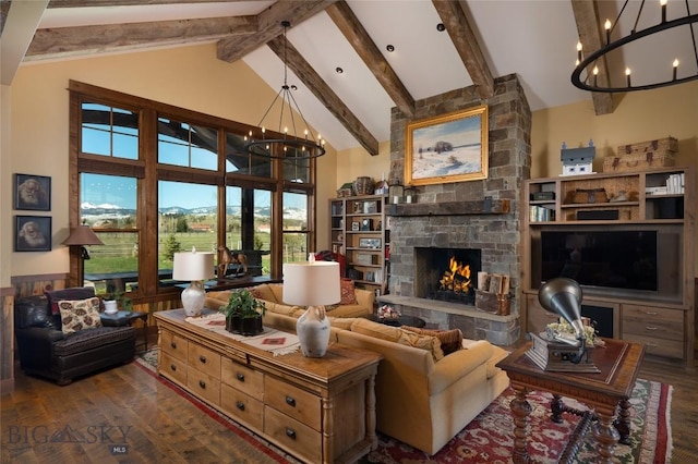1400 Cottontail Rd, Gallatin Gateway, MT 59730 - living area with a chandelier, dark wood-style flooring, beamed ceiling, a stone fireplace, and high vaulted ceiling