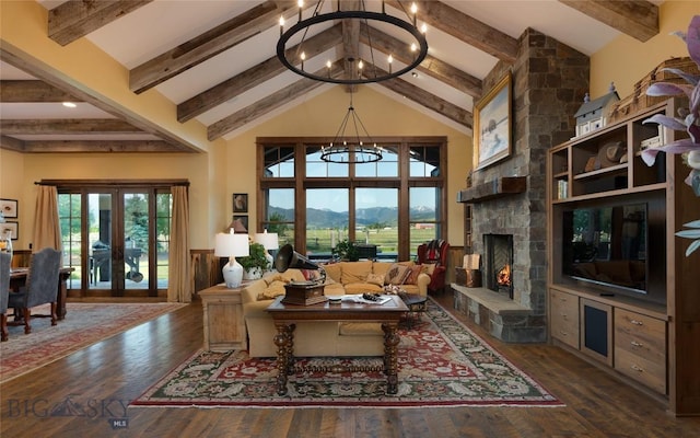 1400 Cottontail Rd, Gallatin Gateway, MT 59730 - living area featuring a chandelier, beamed ceiling, healthy amount of natural light, wood finished floors, and high vaulted ceiling