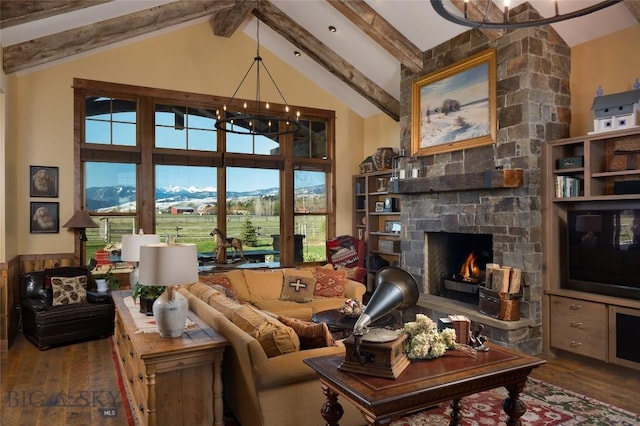 1400 Cottontail Rd, Gallatin Gateway, MT 59730 - living room featuring hardwood / wood-style flooring, a chandelier, beam ceiling, a stone fireplace, and high vaulted ceiling