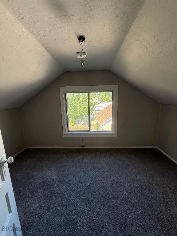 1717 Lowell, Butte, MT 59701 - additional living space featuring a textured ceiling, dark colored carpet, and vaulted ceiling