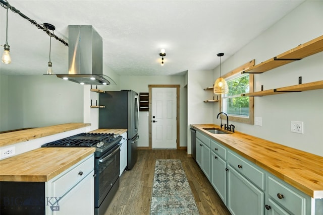 11 N Yellowstone Ave, Bozeman, MT 59718 - kitchen featuring butcher block countertops, stainless steel appliances, island exhaust hood, and open shelves