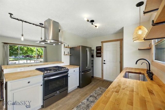 11 N Yellowstone Ave, Bozeman, MT 59718 - kitchen featuring butcher block counters, ventilation hood, appliances with stainless steel finishes, and light wood finished floors