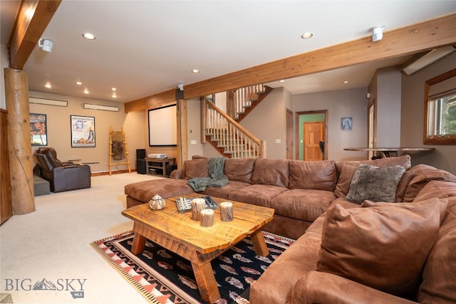 11540 Taiga Trl, Bozeman, MT 59715 - carpeted living room with recessed lighting, a wall unit AC, and stairs